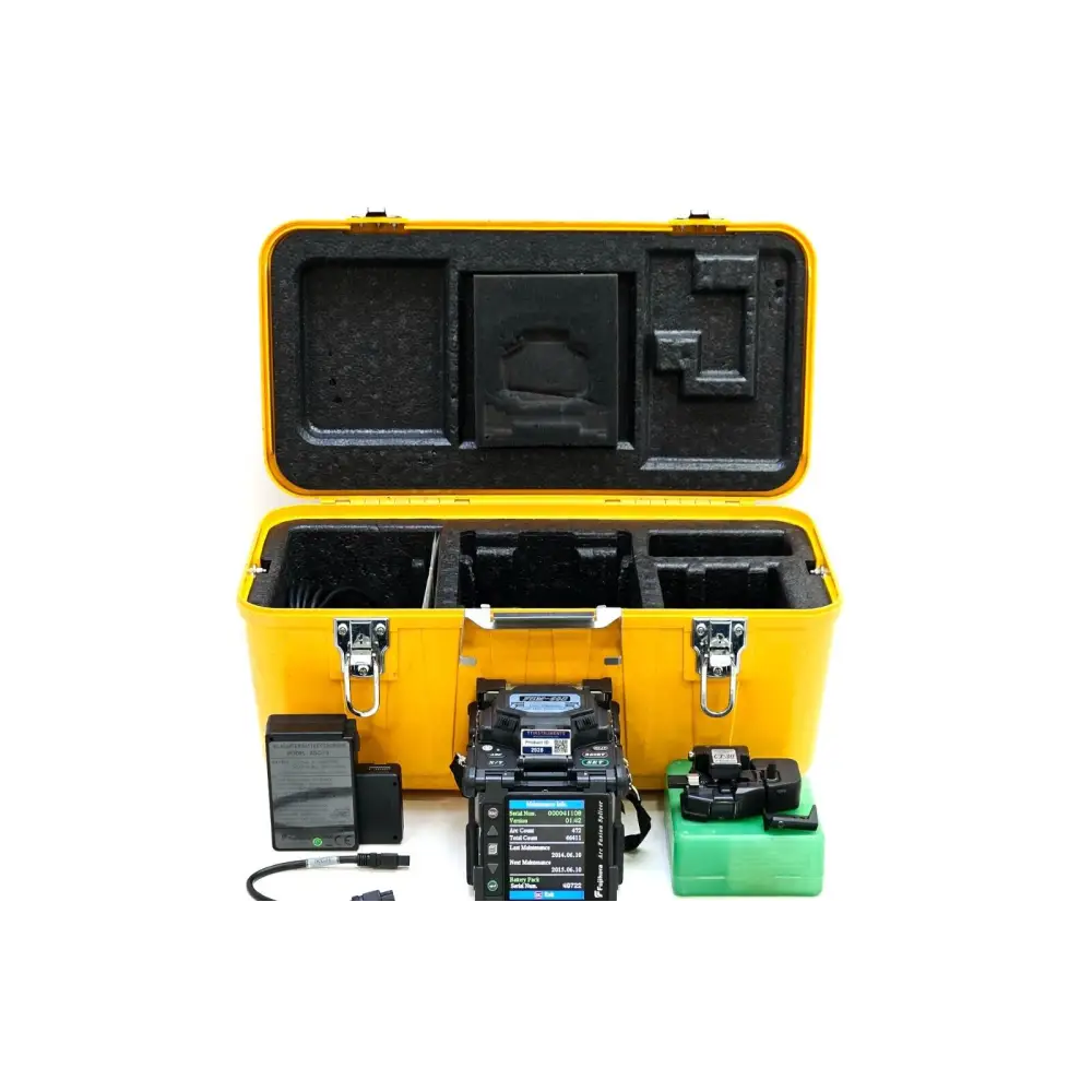 Fujikura FSM-60S fusion splicer front view with CT-30 cleaver and carry case
