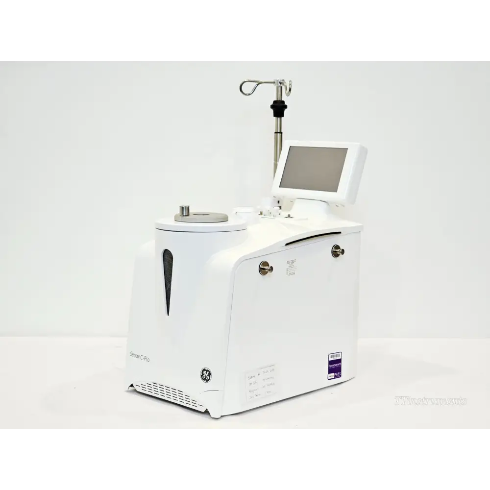 Sepax C-Pro left-side view showing service label, PAT test sticker, Hawkesworth label and GE branding