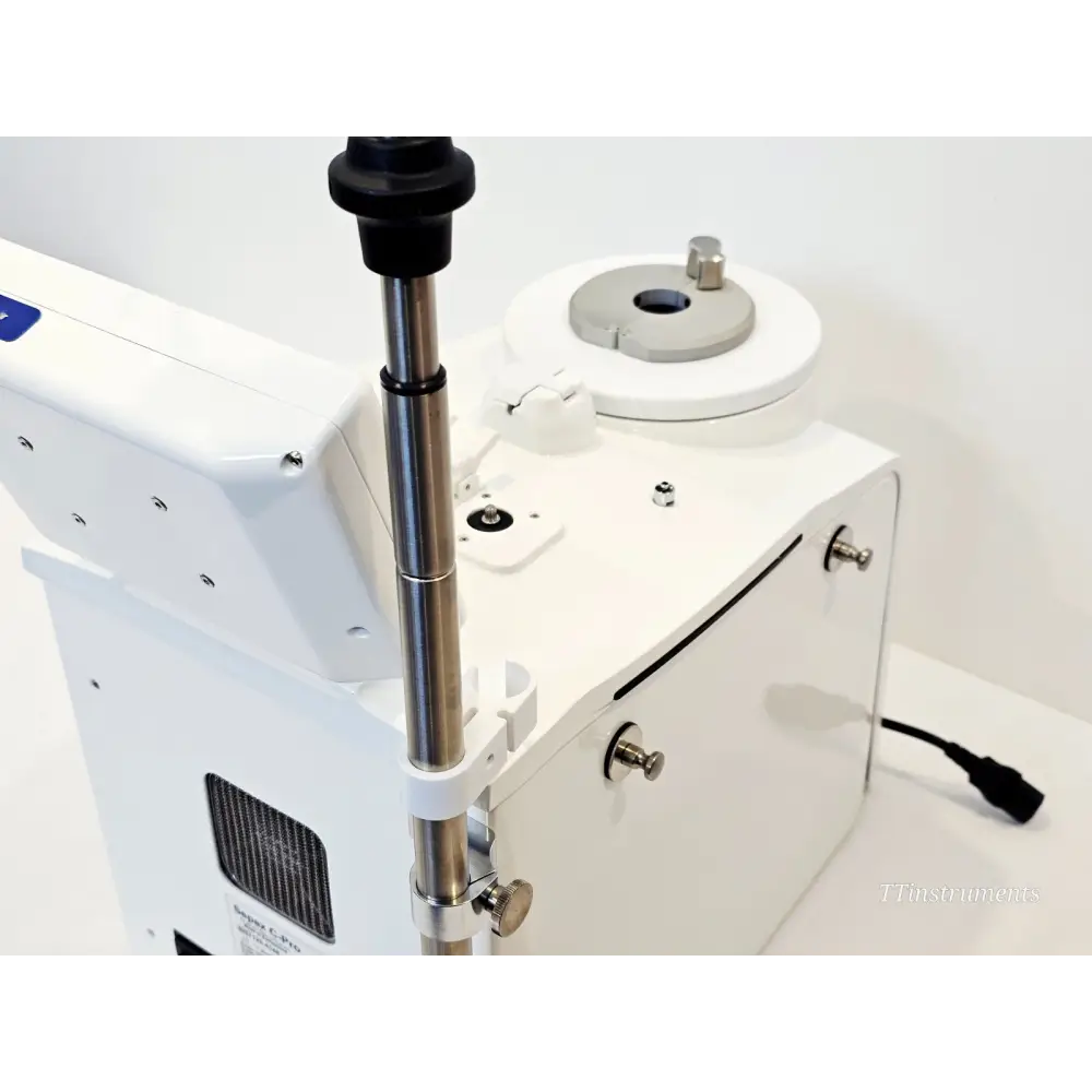 GE Cytiva Sepax C-Pro close-up of IV pole mount, separation chamber top and side port connectors