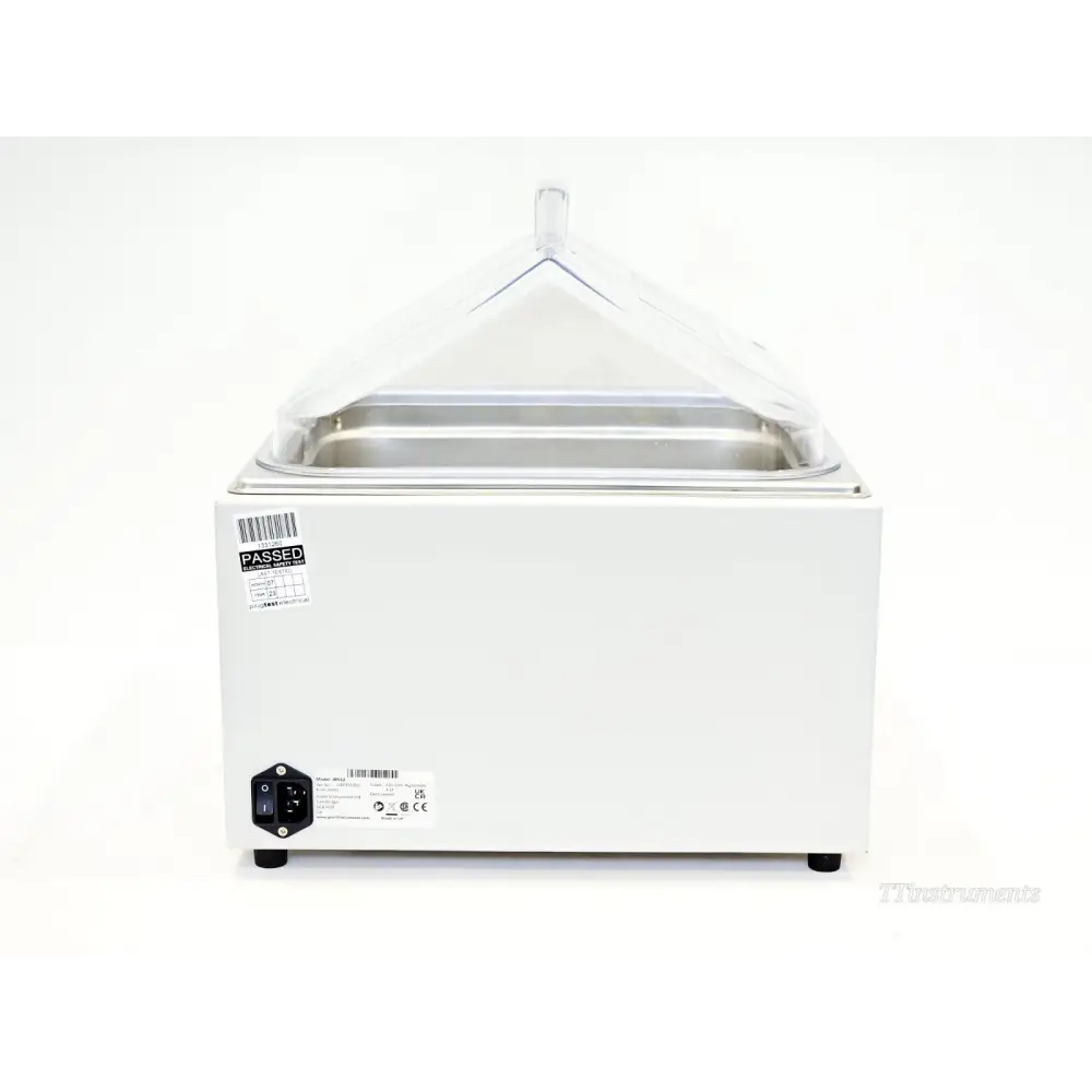 Grant Instruments JBN12 water bath rear/side view showing IEC power inlet, on/off switch, and electrical safety test label