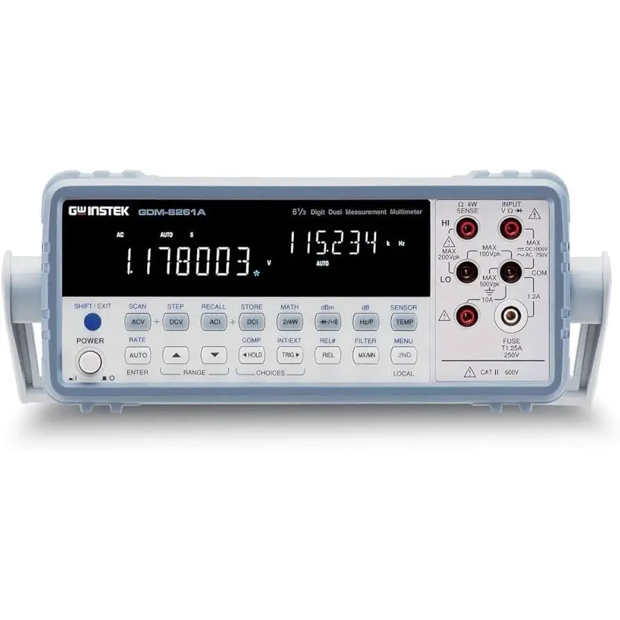 GW Instek GDM-8261A 6½-digit dual measurement multimeter front panel view showing VFD dual display and input terminals