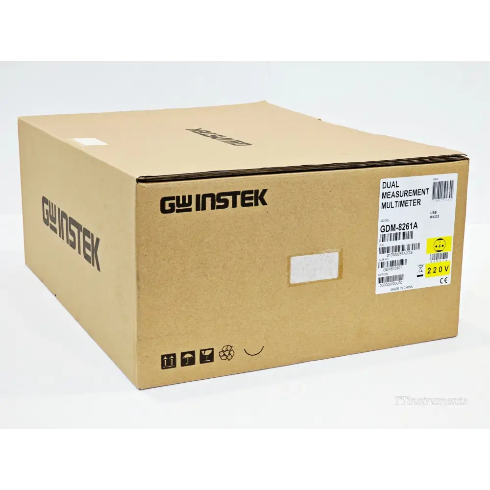 GW Instek GDM-8261A original cardboard box showing model label, USB RS232 interface markings and 220V rating sticker