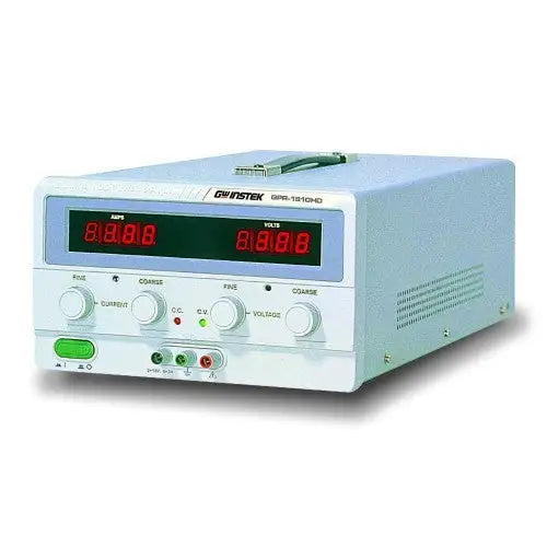 GW Instek GPR-1810HD DC power supply front view showing dual LED displays, CV/CC indicators and coarse/fine knobs