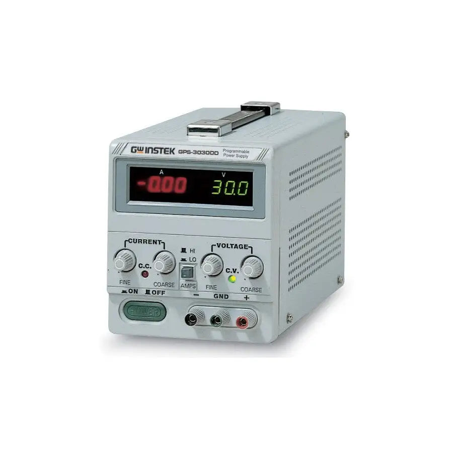 GW Instek GPS-3030DD 90W linear DC power supply — front 3/4 view showing dual LED displays, CV/CC knobs and output terminals