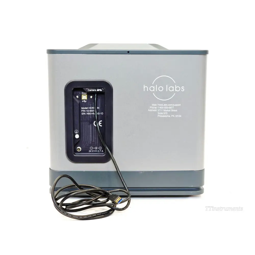 Halo Labs Horizon 10-0001 rear panel showing USB 3.0 port, stage connector, model/serial number label, and 24V DC power input