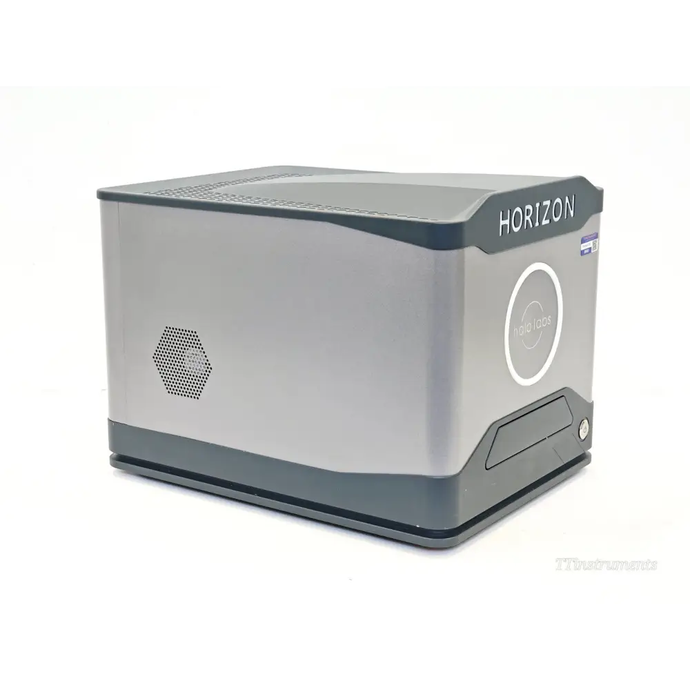 Halo Labs Horizon Particle Analyzer 10-0001 — left-side view showing hexagonal ventilation grille and Halo Labs branding
