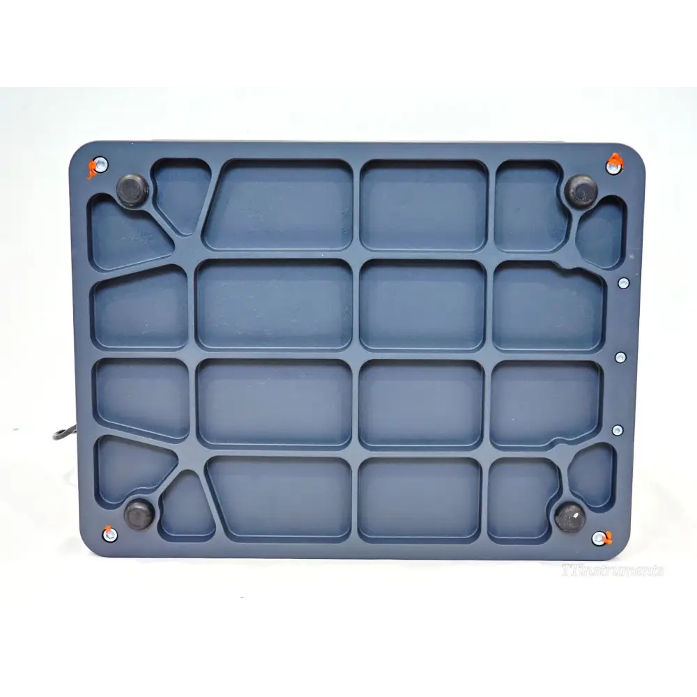 Halo Labs Horizon 10-0001 underside showing 96-well membrane plate tray with orange-tipped spring-loaded retention pins