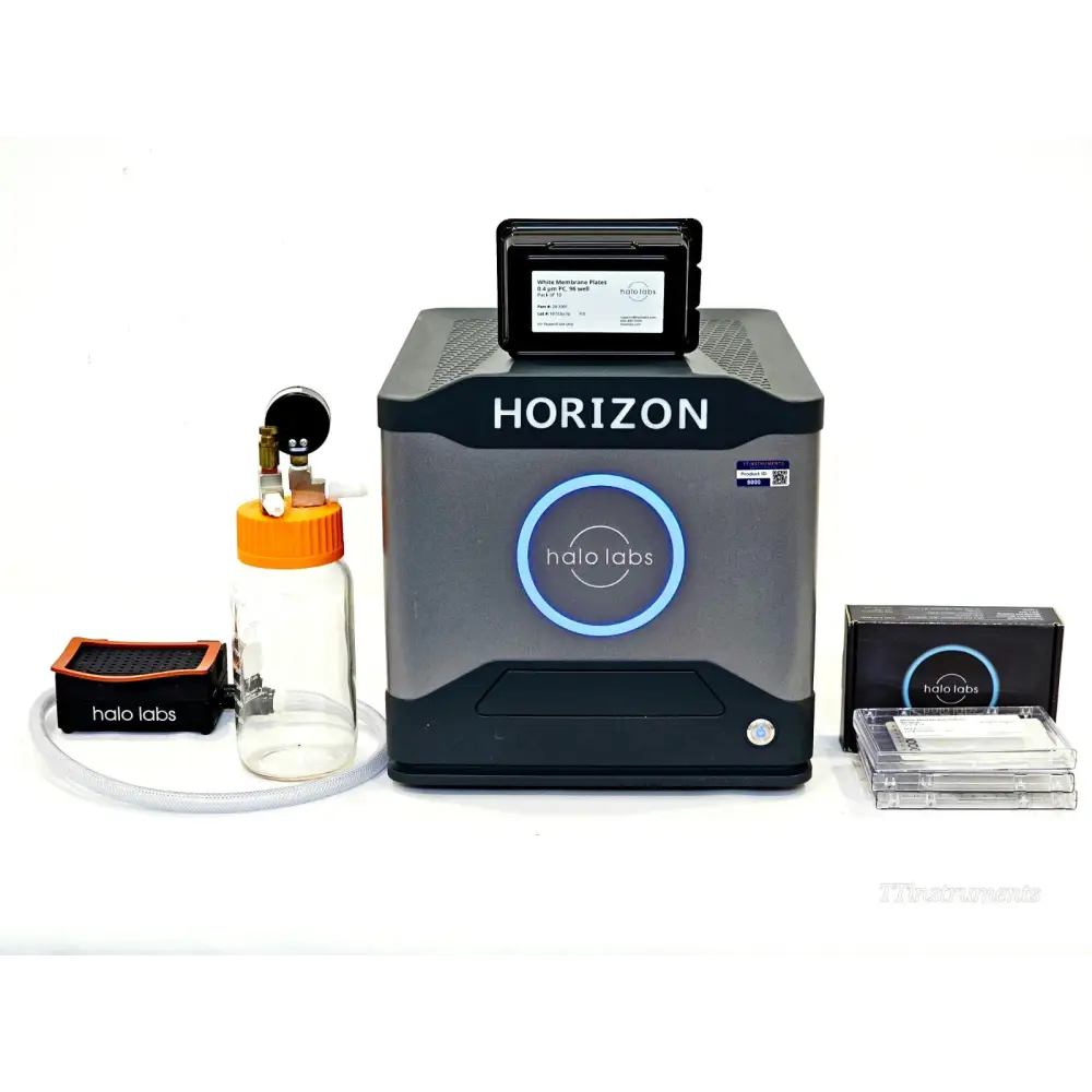 Halo Labs Horizon Particle Analyzer 10-0001 full kit — main unit with vacuum bottle assembly, membrane plates, and manifold