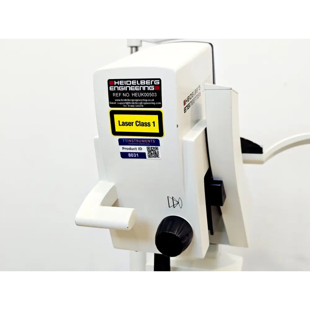 Heidelberg Engineering HRA+OCT Spectralis camera unit showing Laser Class 1 label, Ref HEUK00503, TTInstruments Product ID 8031 asset tag