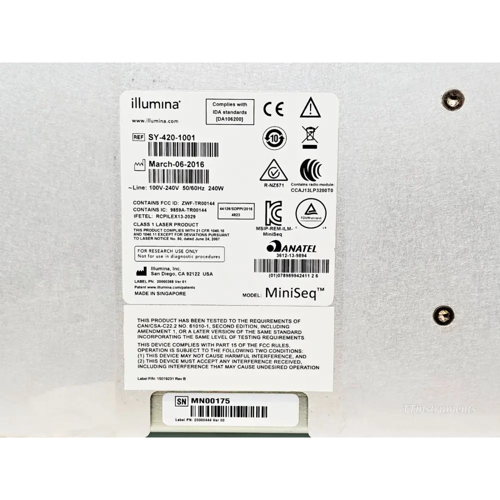 Illumina MiniSeq SY-420-1001 rear regulatory label showing REF SY-420-1001, manufacture date March 2016, serial number MN00175