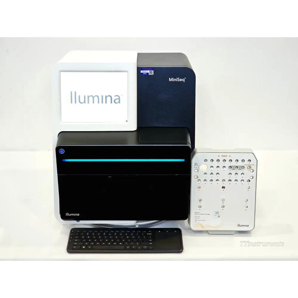 Illumina MiniSeq SY-420-1001 NGS sequencer front view with touchscreen, keyboard, and High Output reagent cartridge insert plate