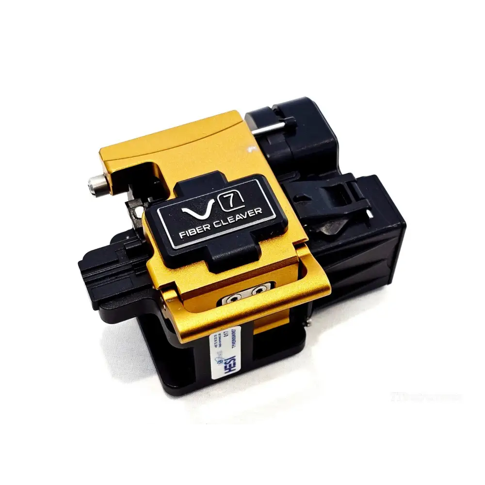 INNO V7 High Precision Fibre Cleaver close-up front-angle view showing gold aluminium body and V7 Fiber Cleaver branding