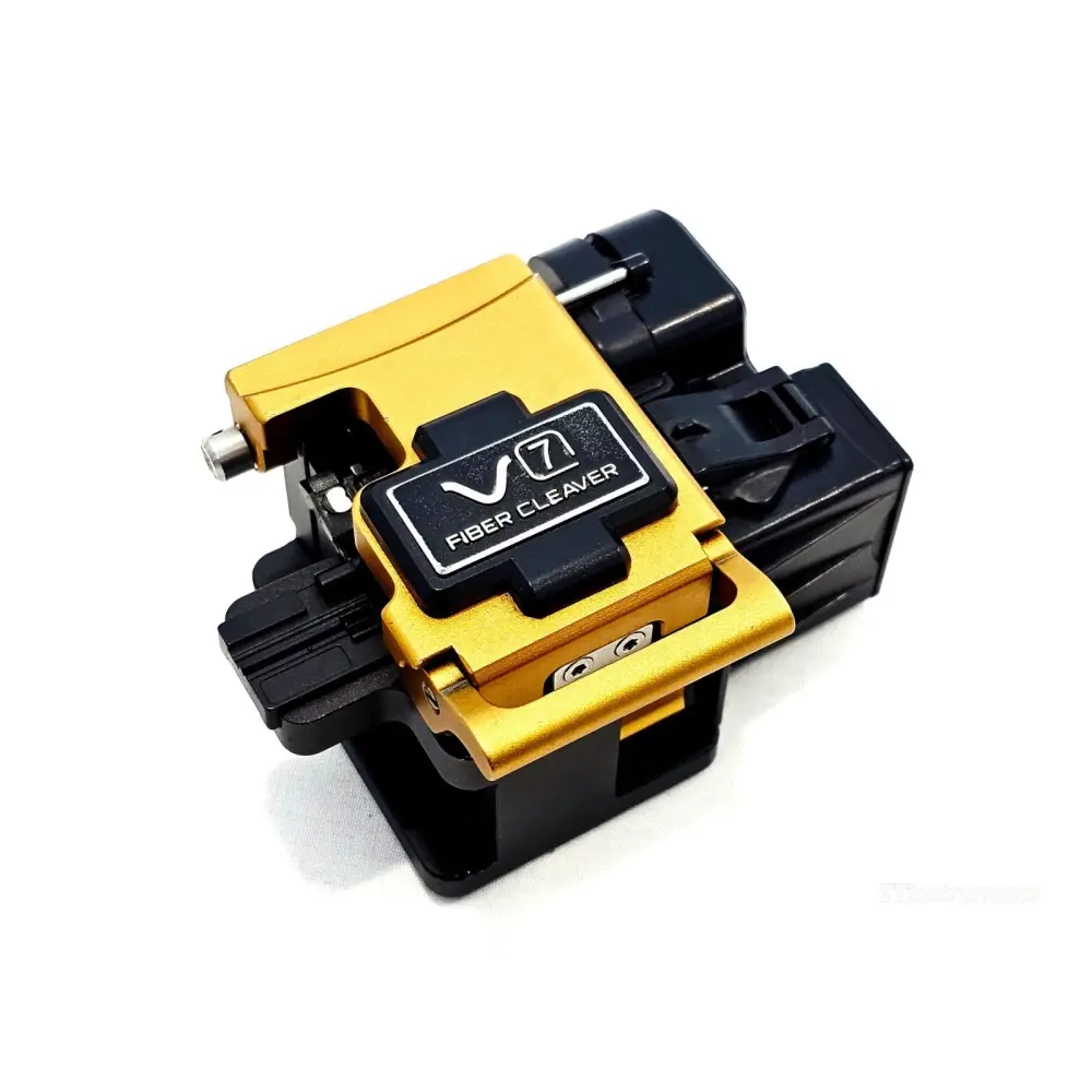 INNO V7 high-precision fibre cleaver front-right angle showing blade mechanism and gold anodised body