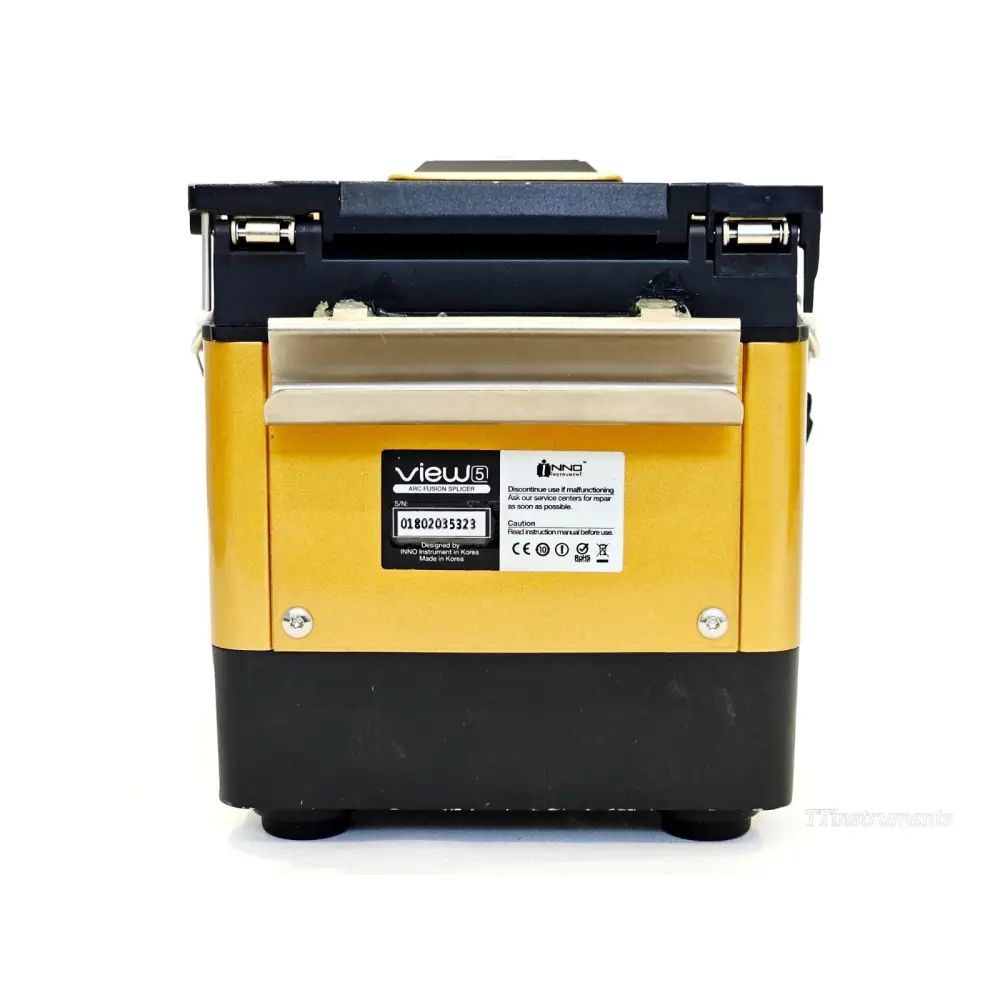 INNO View 5 fusion splicer rear panel showing serial number label 01802035323 and CE/RoHS markings
