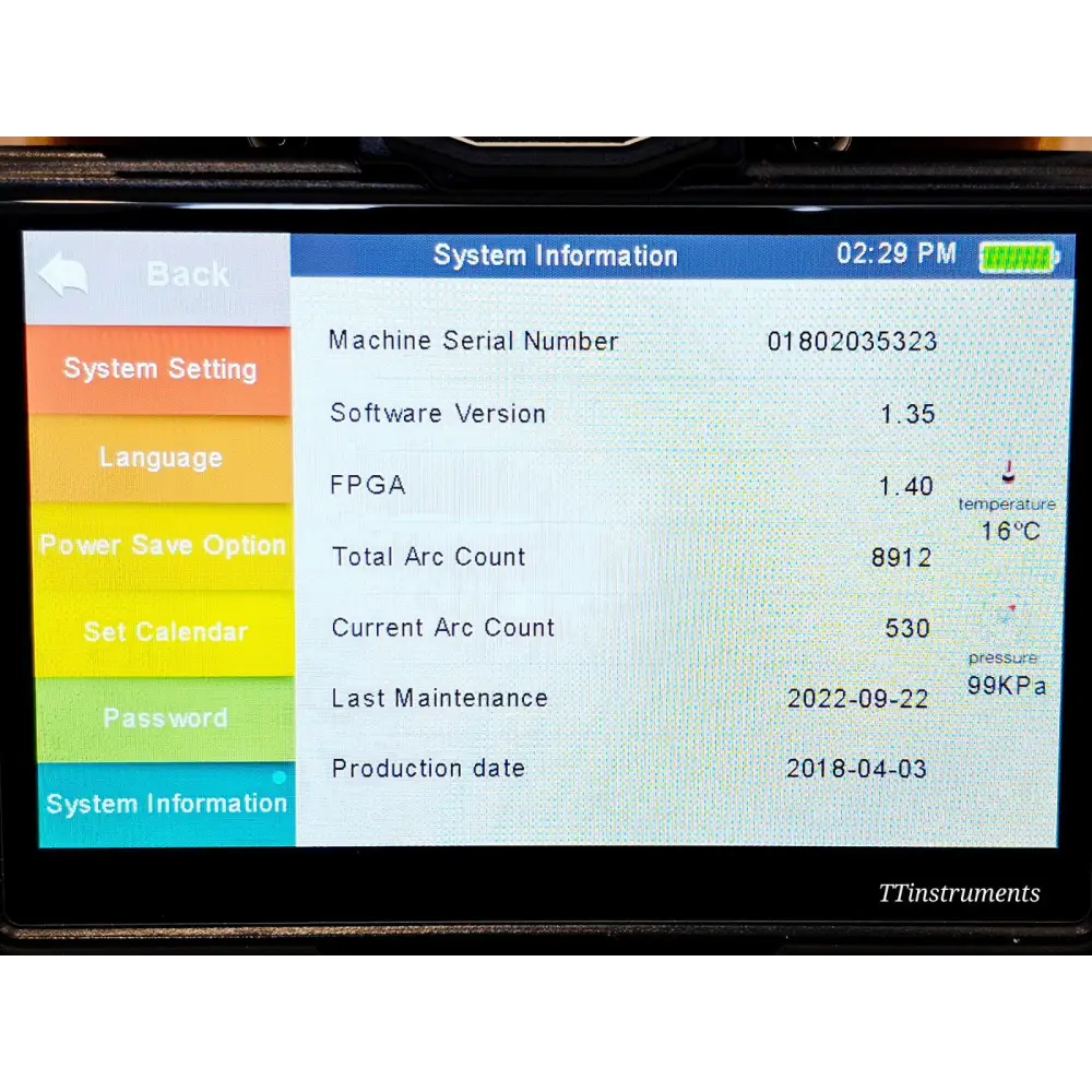 INNO View 5 system information screen showing S/N 01802035323, software v1.35, total arc count 8912, last service 2022-09-22