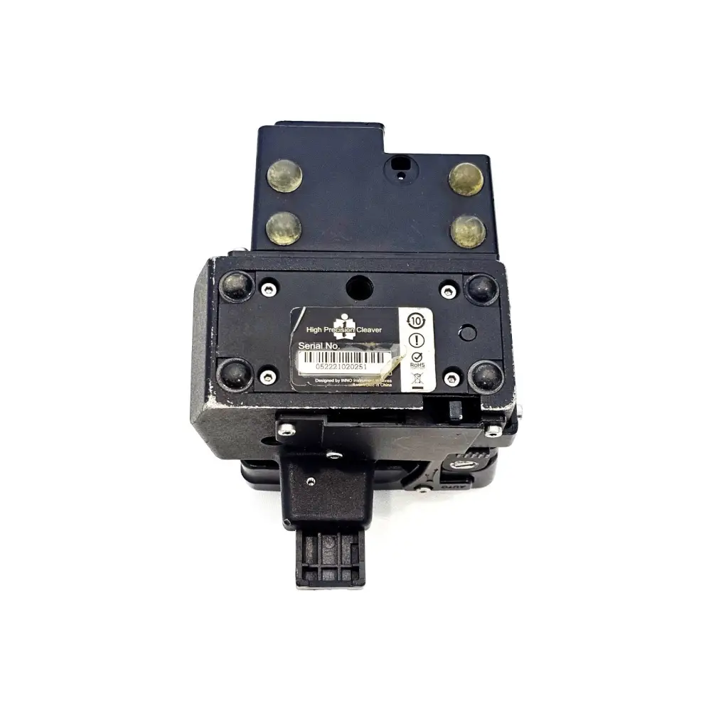 INNO V10 Pro high-precision fibre cleaver underside showing serial number label and RoHS compliance markings
