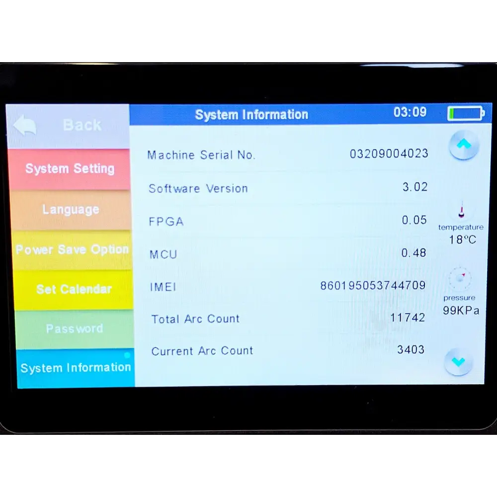 INNO View 8 Pro system information screen showing serial 03209004023, SW v3.02, total arc count 11742, current arc 3403
