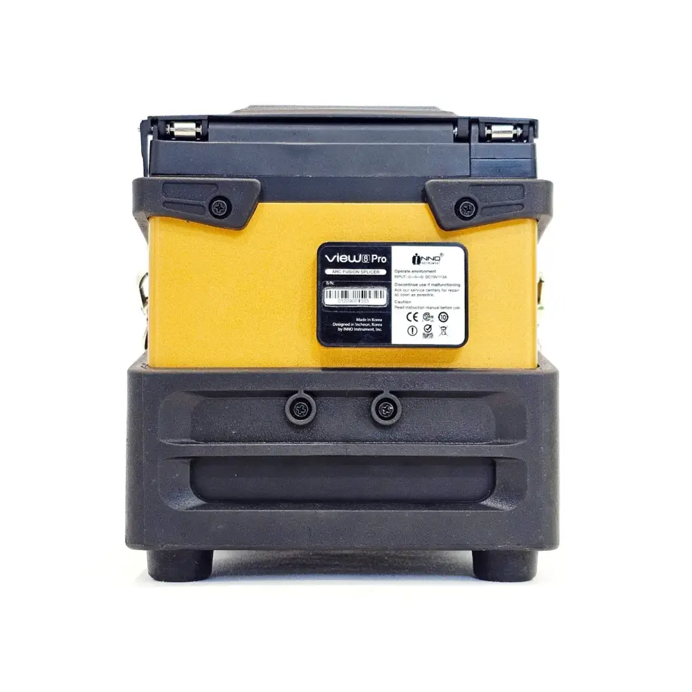 INNO View 8 Pro fusion splicer rear label showing model name, serial number, DC input rating and compliance marks