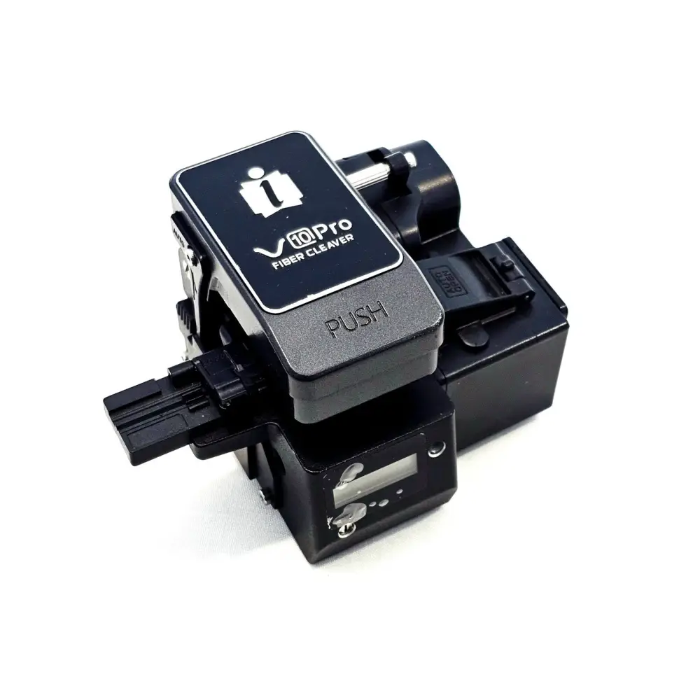INNO V10 Pro fibre cleaver front-angled view showing push-button mechanism and automatic cleave operation
