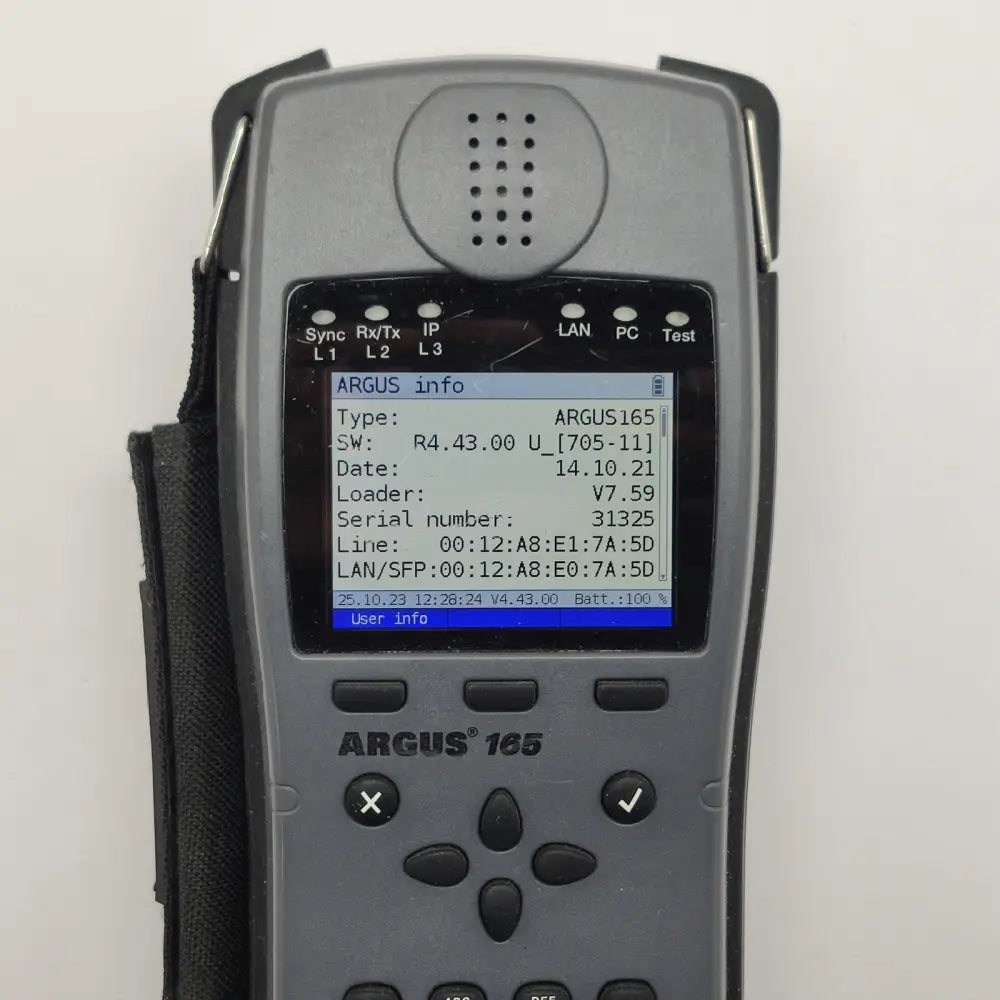 Argus 165 screen showing ARGUS info: firmware SW R4.43.00, serial number 31325, loader V7.59, dated 14.10.21