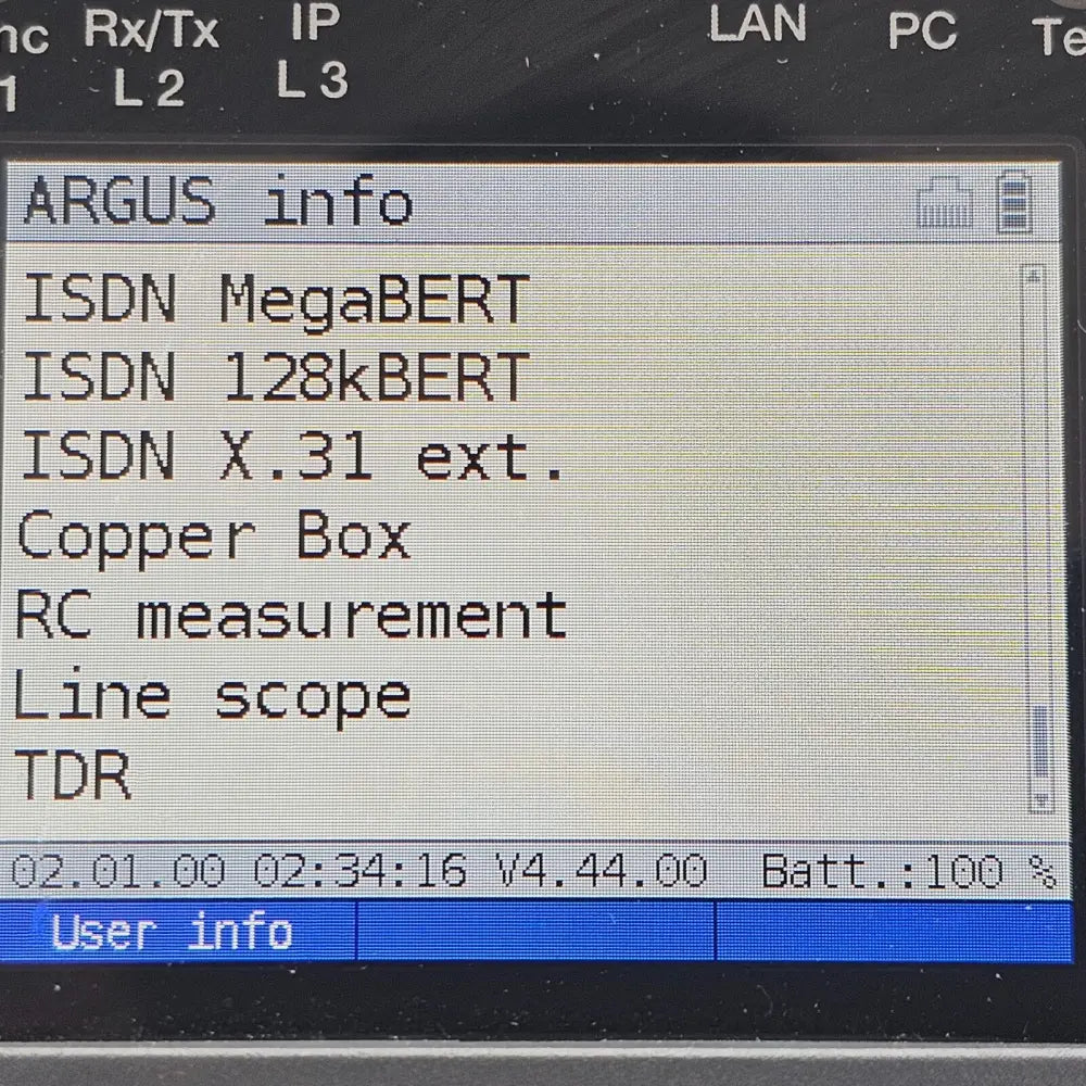 Intec Argus 165 display showing DSL test menu including ADSL and VDSL options