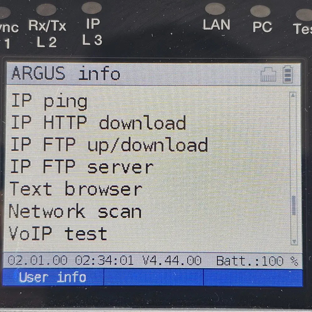 Intec Argus 165 screen showing active software options and licence list