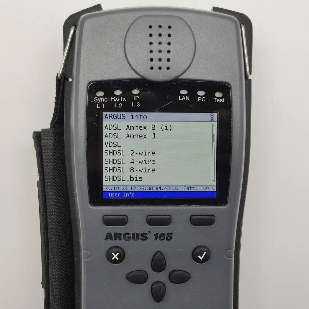 Argus 165 options screen showing ADSL Annex B(i), Annex J, VDSL, SHDSL 2/4/8-wire, SHDSL .bis licensed options
