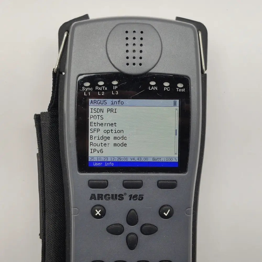 Argus 165 options screen showing ISDN PRI, POTS, Ethernet, SFP option, Bridge mode, Router mode and IPv6 licensed