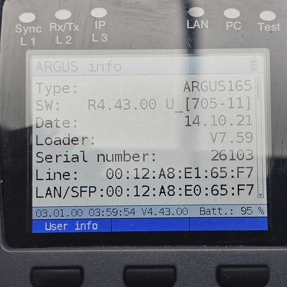 Intec Argus 165 handheld DSL tester right side view showing interface ports