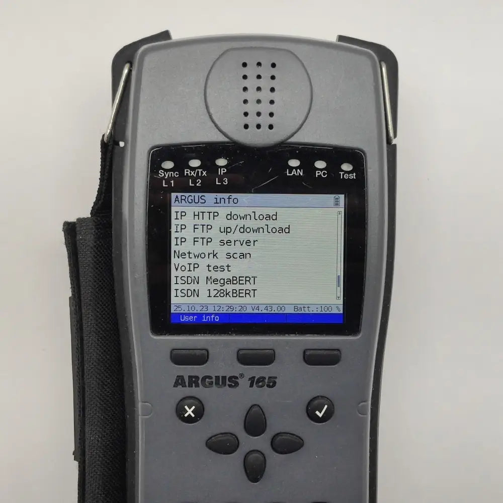 Argus 165 options screen showing IP HTTP download, FTP up/download, FTP server, Network scan, VoIP, ISDN MegaBERT