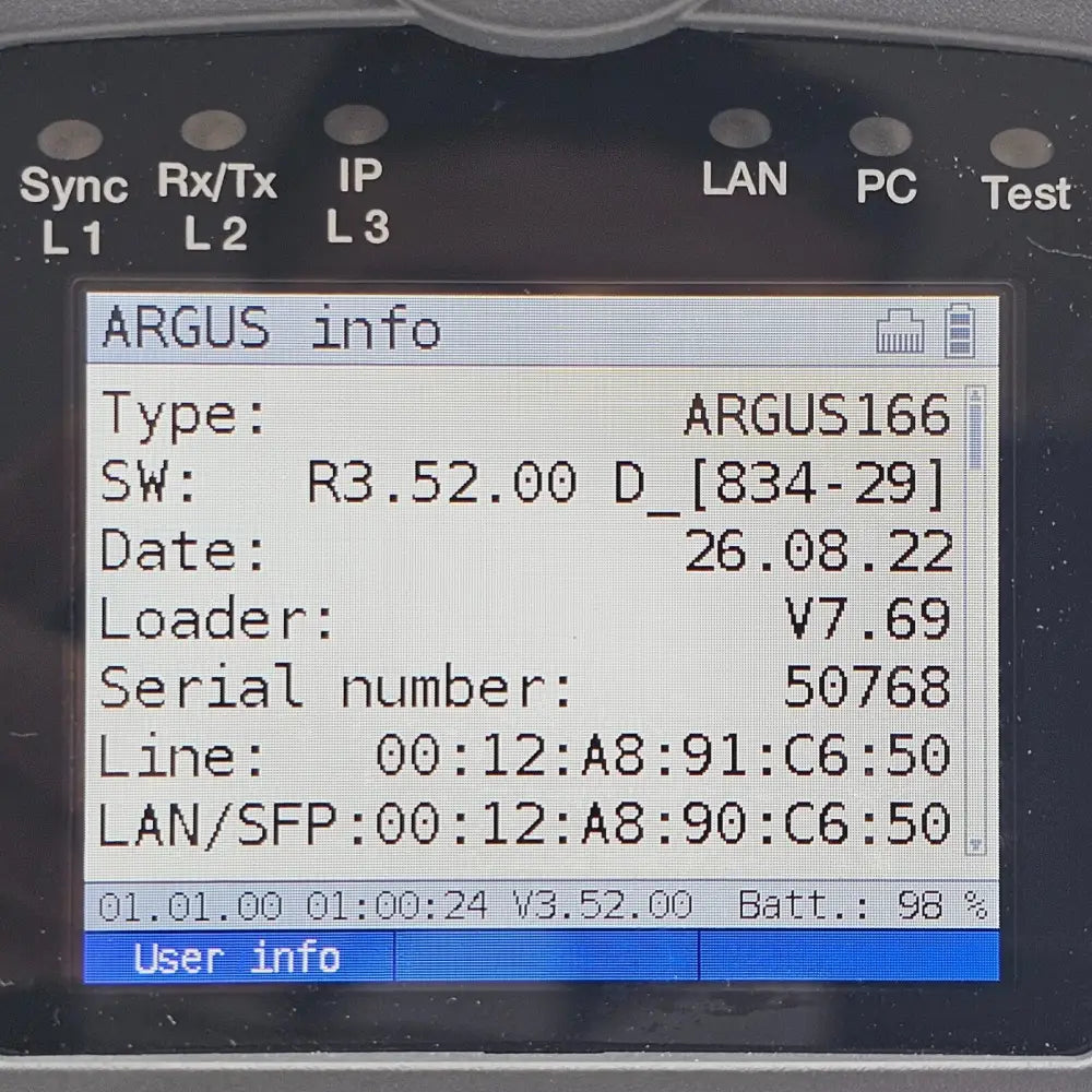 Intec Argus 166 handheld DSL ISDN tester showing main screen and navigation controls