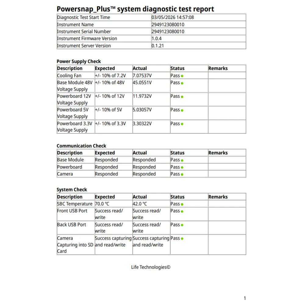 Invitrogen E-Gel Power Snap Plus G9100 full system diagnostic test report dated 03/05/2026 — all checks passed