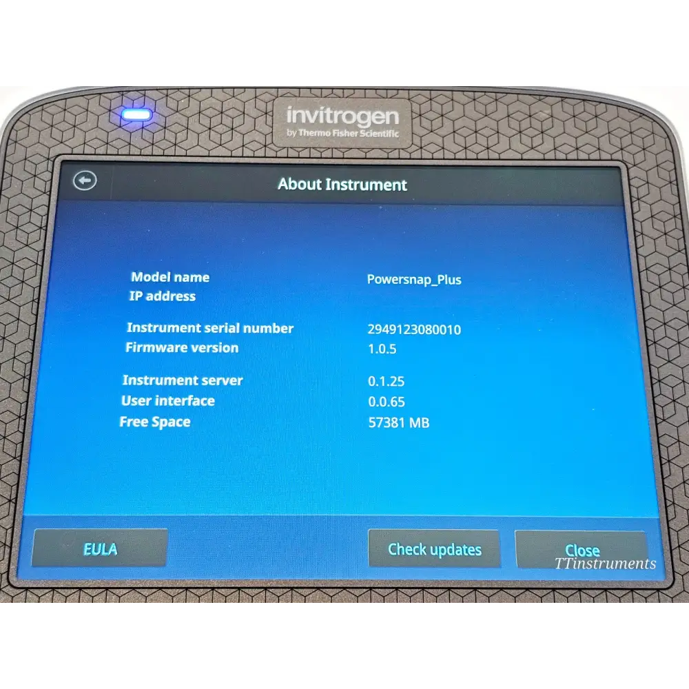 Invitrogen E-Gel Power Snap Plus G9100 About Instrument screen showing firmware v1.0.5 and 57381 MB free space