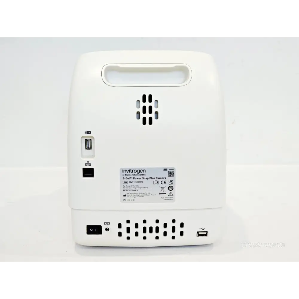 Invitrogen E-Gel Power Snap Plus G9100 rear panel showing USB ports, Ethernet, power switch and serial label