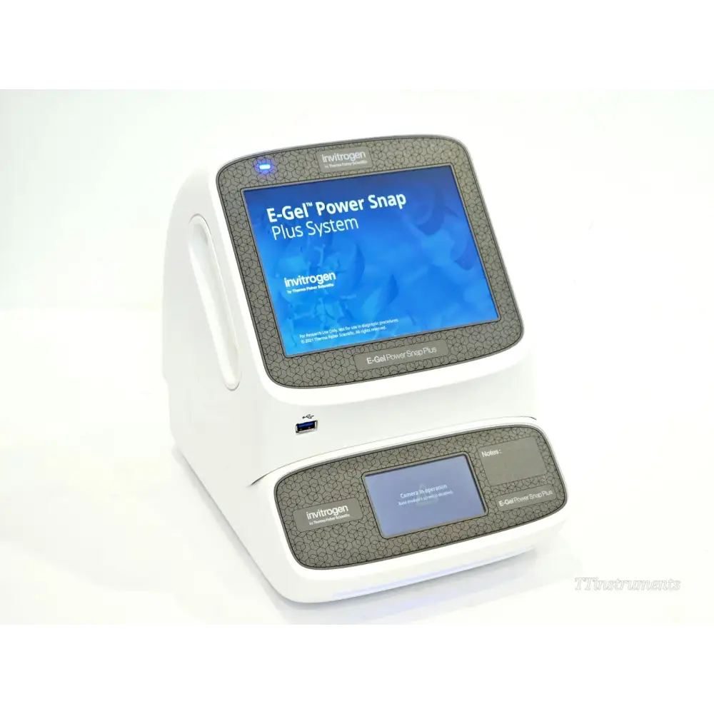 Invitrogen E-Gel Power Snap Plus G9100 front view showing boot screen and camera module docked on base