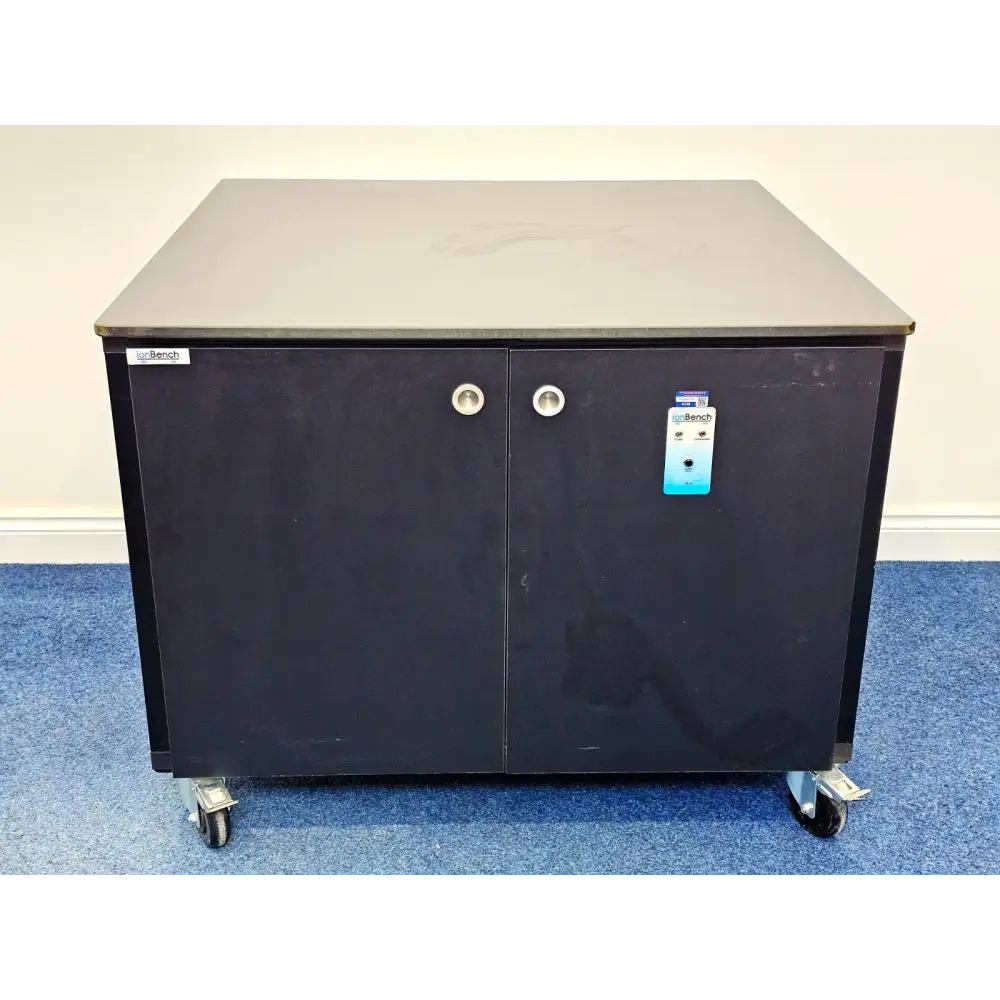 ionBench BCH120NE78 mobile mass spectrometer bench front view, black cabinet, two doors, castors, ionBench label