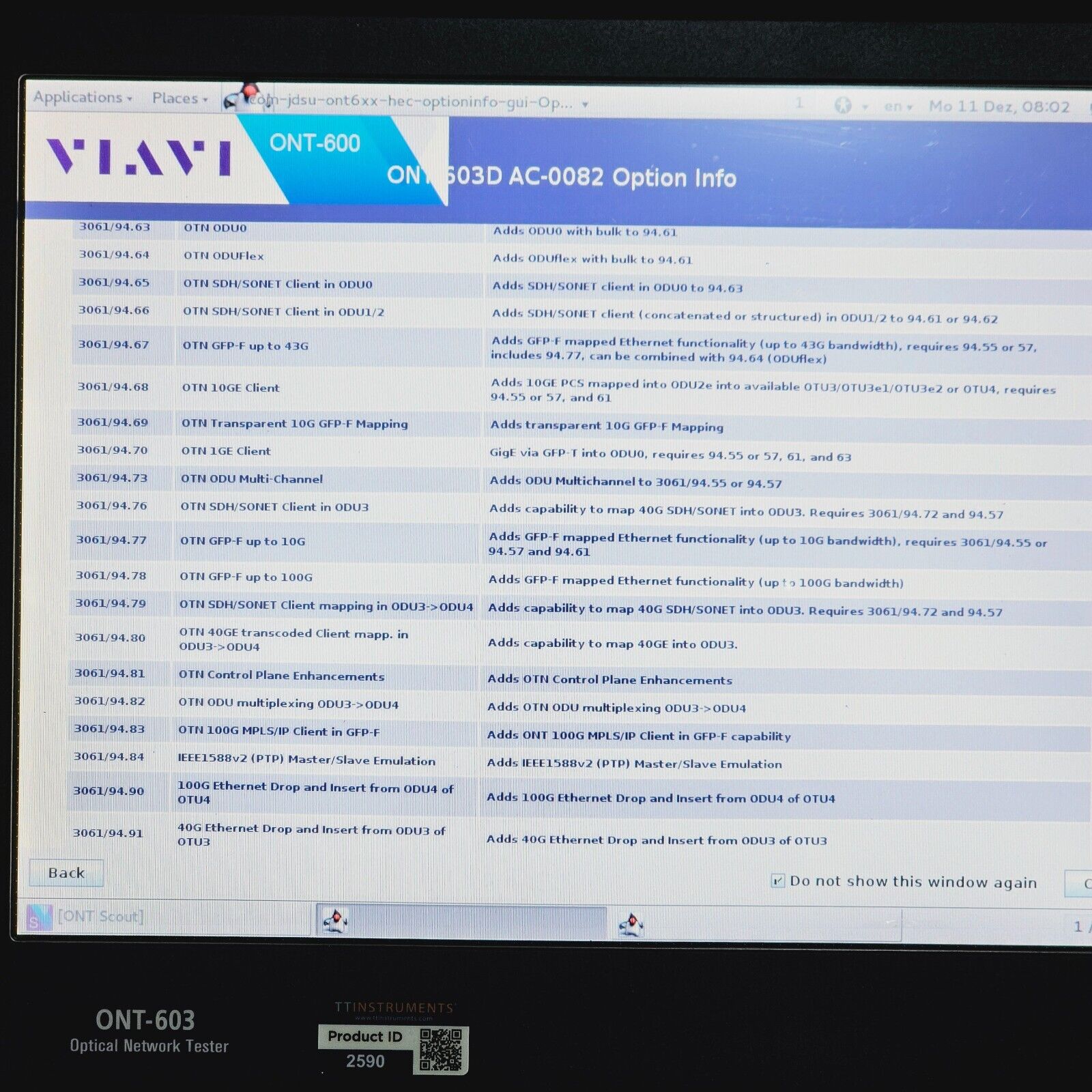 JDSU Viavi ONT-603 Optical Network Tester w/ QSFP+/CFP2 Module 40/100G Ethernet
