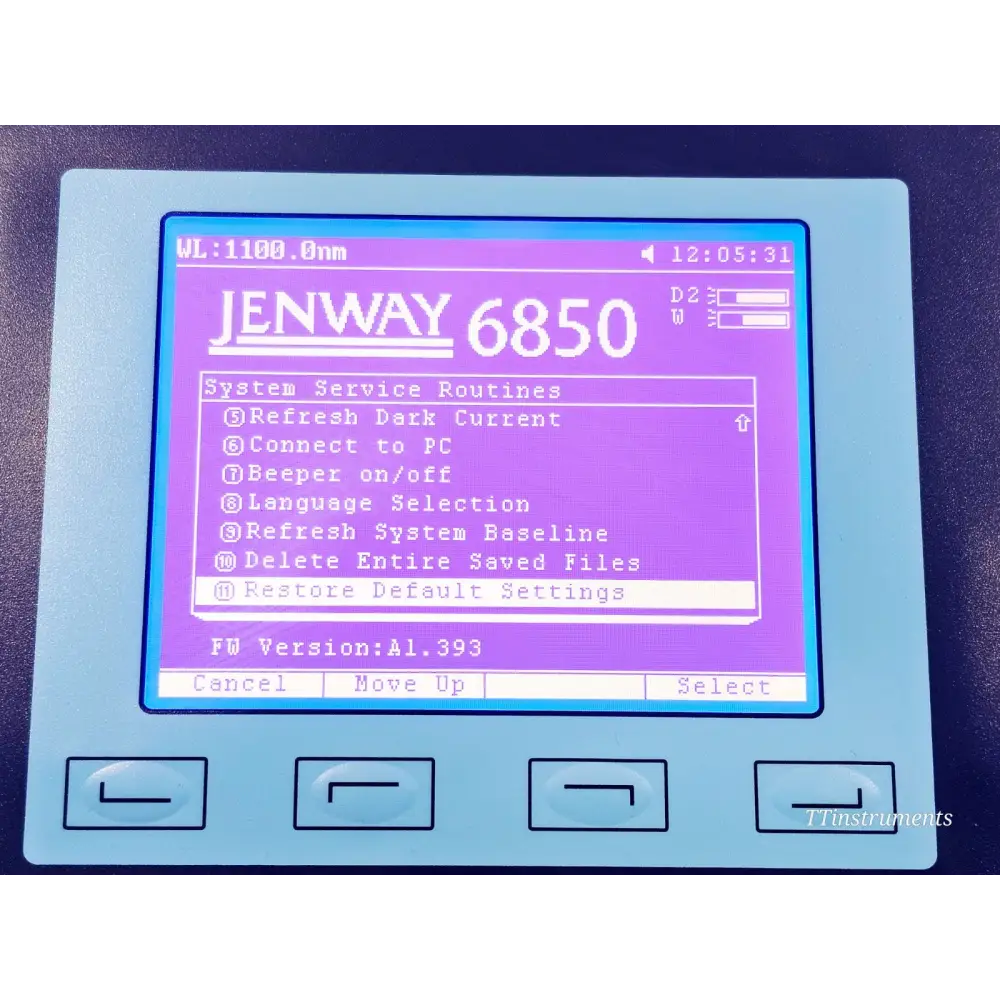 Jenway 6850 system service routines second page — firmware version A1.393 visible, showing language selection and restore default settings