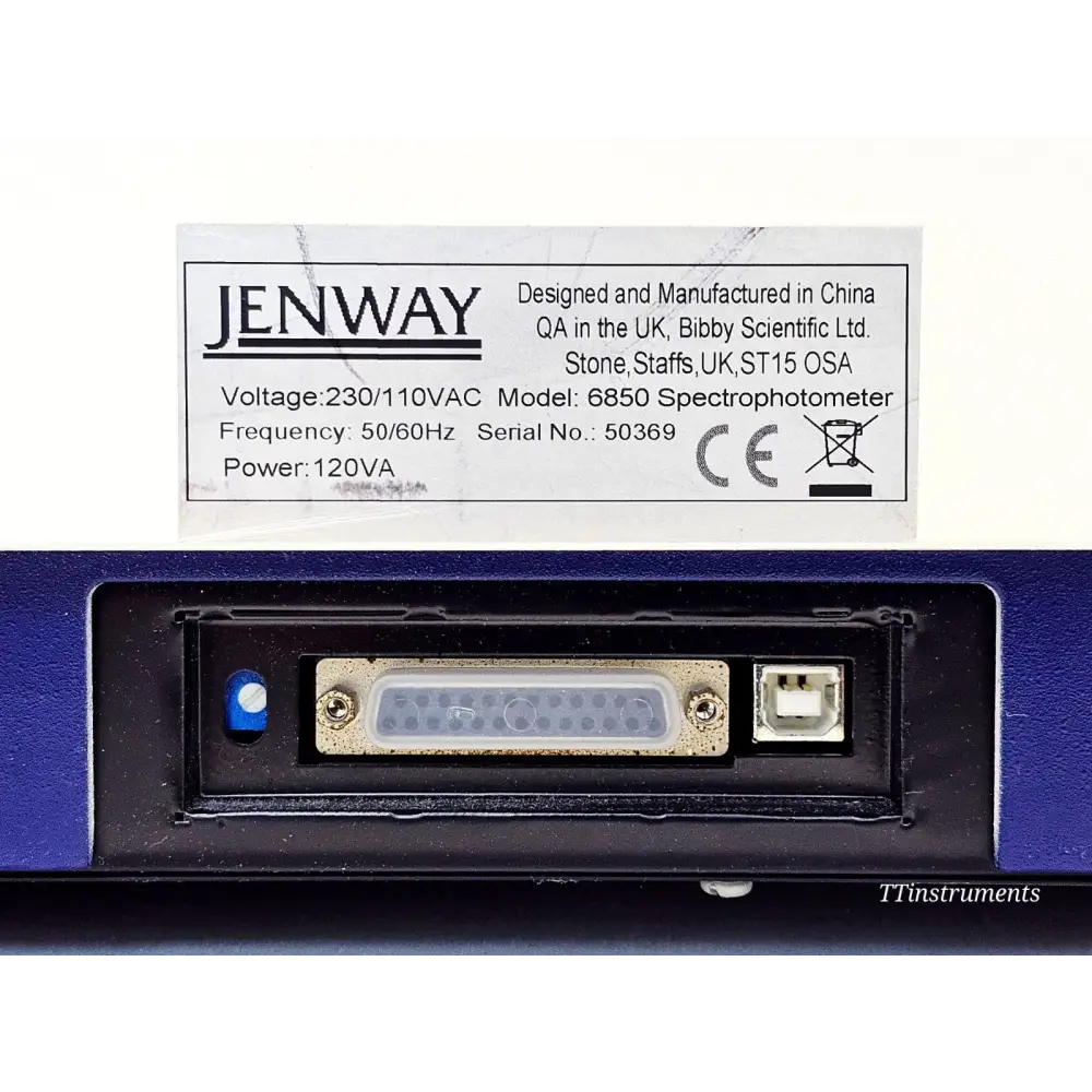 Jenway 6850 serial number label (Serial No. 50369) and rear connectivity panel showing parallel port and USB Type-B connector