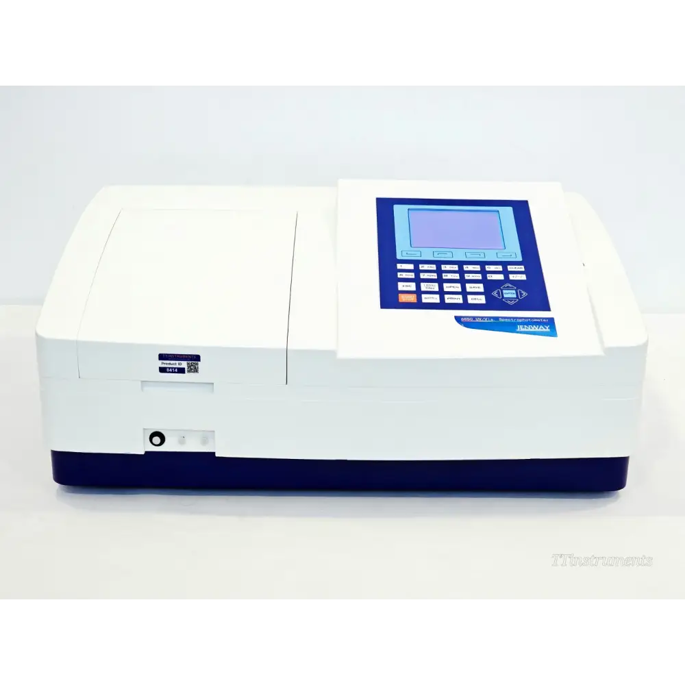 Jenway 6850 Double Beam UV/Visible Spectrophotometer — right-side three-quarter view showing front panel, keypad, colour display, and sample compartment lid