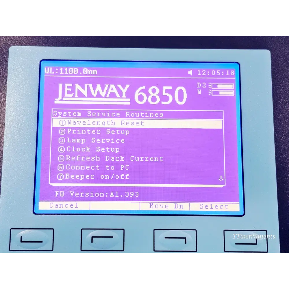 Jenway 6850 LCD system service routines menu showing firmware version A1.393, wavelength reset, lamp service, and connect to PC options