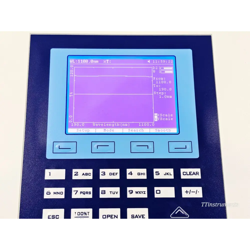 Jenway 6850 spectrophotometer colour LCD display showing spectrum scan mode — wavelength 190–1100 nm, %T axis, D2 and W lamp indicators