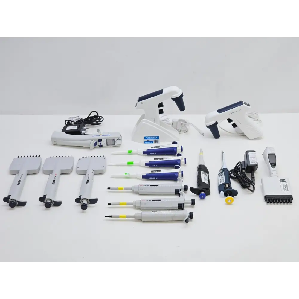 Job lot of 15 laboratory pipettors from Fisherbrand, SciPette, Gilson, Sartorius and Eppendorf