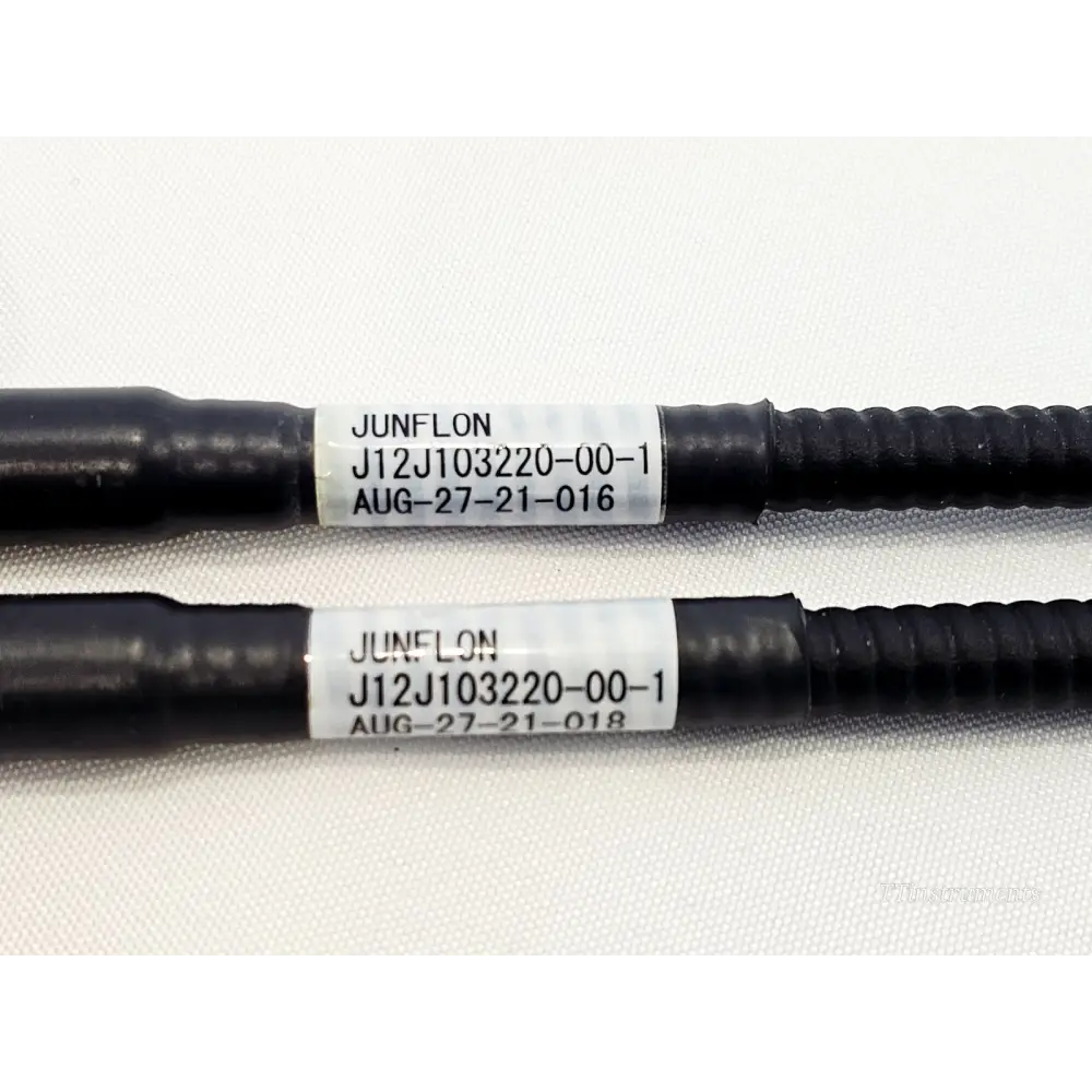 Junkosha Junflon J12J103220-00-1 cable labels showing serial numbers AUG-27-21-016 and AUG-27-21-018