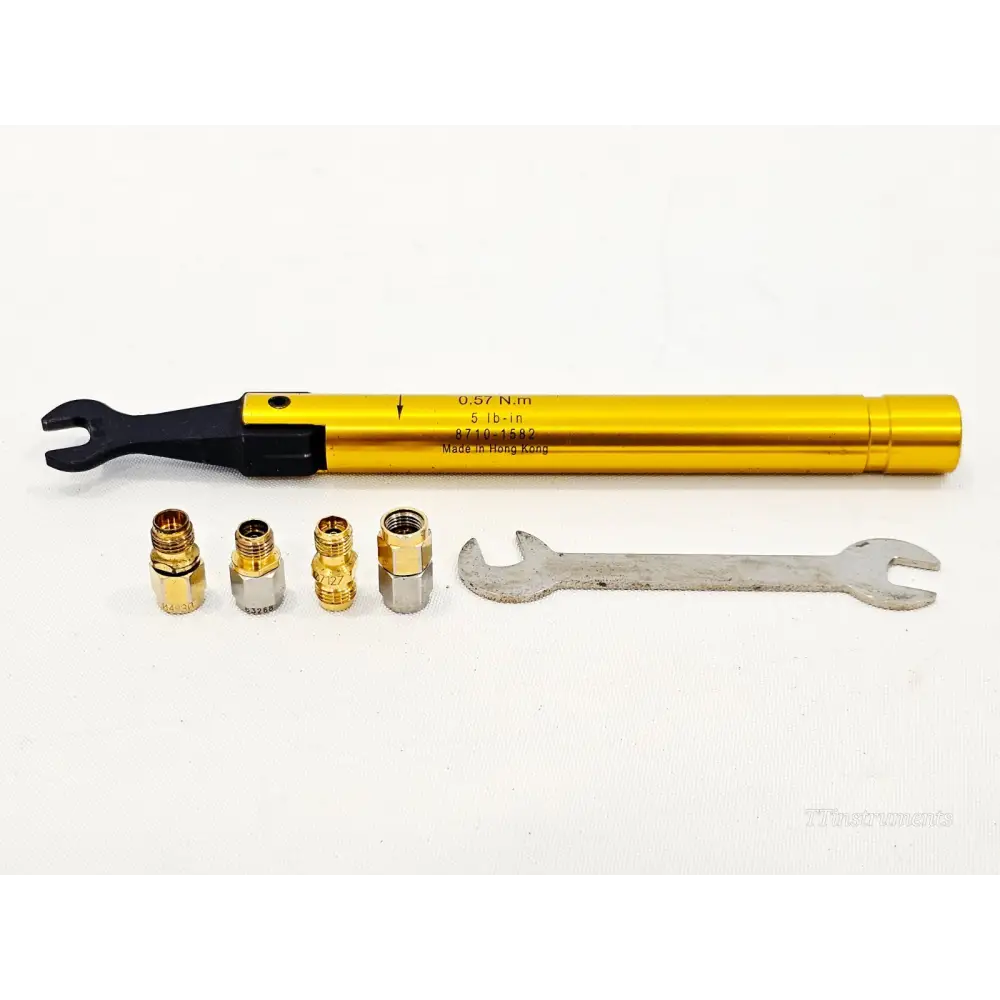 Agilent 8710-1582 torque wrench 0.57 Nm 5 lb-in in gold with 4x 2.4mm to 2.92mm K adapters and open-end spanner laid out