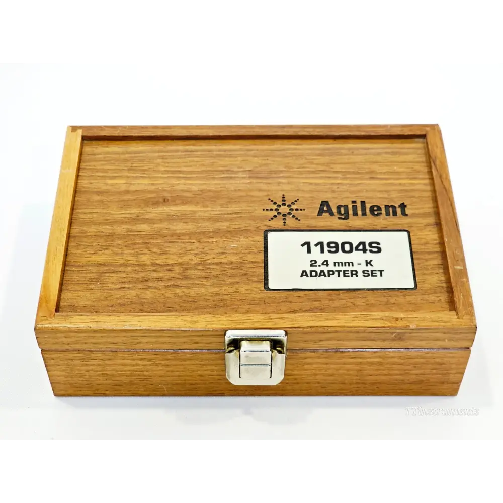 Agilent 11904S 2.4mm K adapter set engraved wooden case lid showing Agilent logo and 11904S 2.4mm-K Adapter Set label