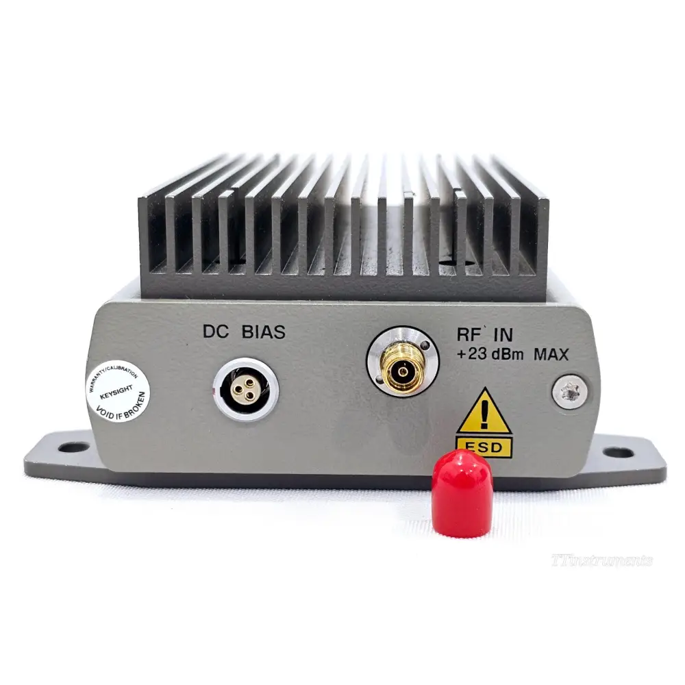 Keysight 83017A input panel showing RF IN 3.5mm female +23 dBm MAX, DC BIAS multi-pin connector, ESD label