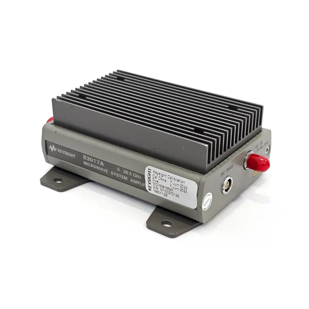 Keysight 83017A microwave amplifier rear-right angle showing DC BIAS port, RF IN +23 dBm MAX, calibration sticker