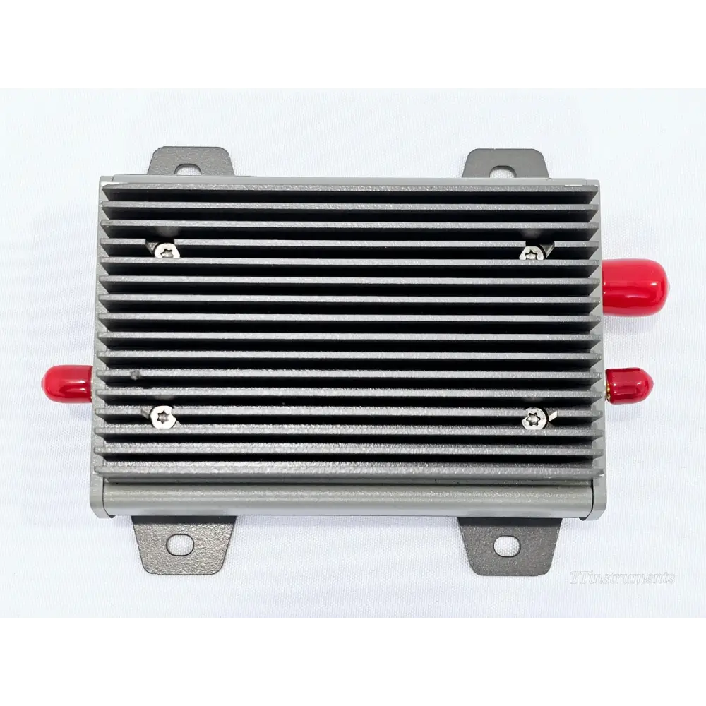 Keysight 83017A Microwave System Amplifier top-down view showing finned aluminium heatsink and mounting flanges