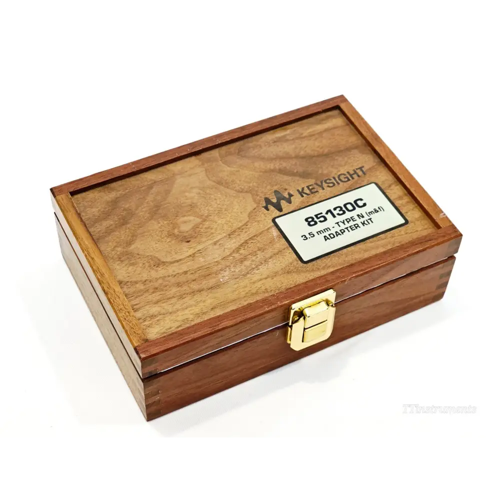 Keysight 85130C wooden storage case closed lid showing Keysight logo and 85130C 3.5mm Type-N adapter kit label